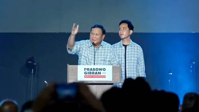 Pasangan Prabowo-Gibran saat menyampaikan pidato kemenangan di Istora Senayan Jakarta, usai Pemilu 14 Februari 2024.