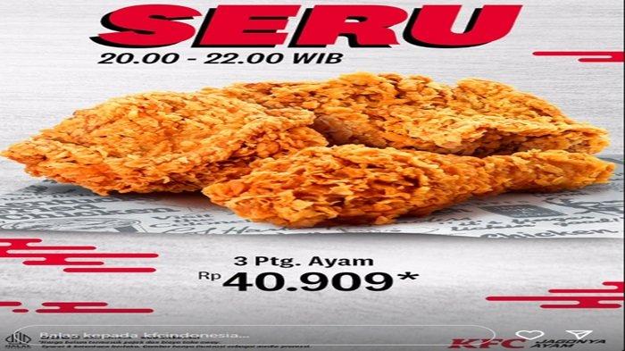 Promo KFC - Paket Seru kembali hadir saat kamu lapar melanda di tengah malam, hanya Rp 40 ribuan dapatkan 3 ayam goreng KFC yang renyah.