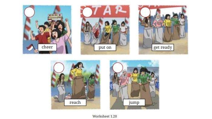 Kunci Jawaban Bahasa Inggris Kelas 8 Halaman 61 Kurikulum Merdeka, Worksheet 1.20. Rearrange the pictures of a sack race by giving numbers 1 to 5.