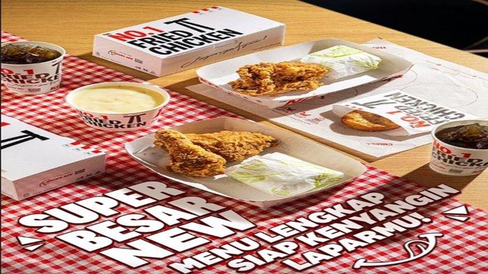 Promo KFC - nikmati harimu dengan menu Super Besar New ada ayam goreng KFC, nasi dan juga tambaha slide perkedel atau Cream Soup.
