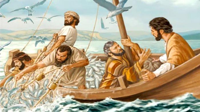 TANGKAP IKAN - Ilustrasi para rasul menangkap ikan di danau Genasaret setelah disuruh Yesus. Dan setelah mereka melakukannya, mereka menangkap ikan dalam jumlah besar, sehingga jala mereka mulai koyak.