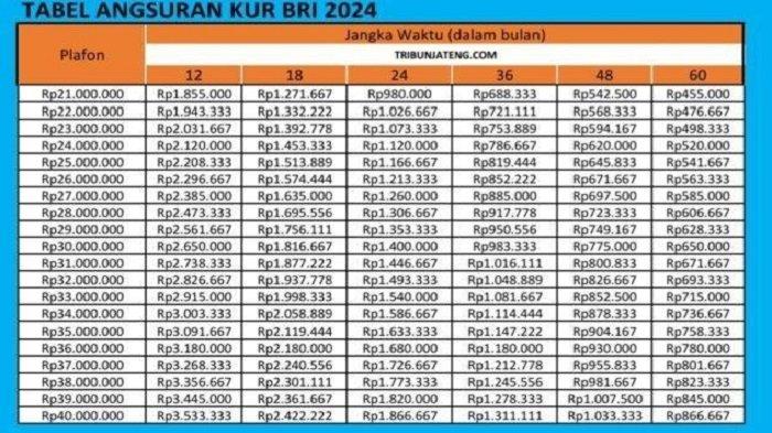 Tabel Angsuran KUR BRI 2024 plafon pinjaman mulai Rp 21 juta sampai Rp 40 juta.