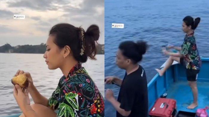 Penampilan Indah Permatasari saat mancing.