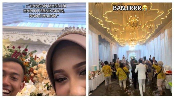 PESTA PERNIKAHAN KEBANJIRAN - Tangkapan layar video pernikahan pengantin di Jombang viral di media sosial dibagikan TikTok @amaupiiiii, dikutip Rabu (26/2/2025). Pengantin tak percaya dengan mitos mandi di hari pernikahan berujung kebanjiran. Dok TikTok @amaupiiiii
