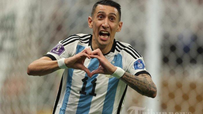 Gelandang Argentina Angel Di Maria merayakan gol kedua timnya saat pertandingan sepak bola final Piala Dunia Qatar 2022 antara Argentina dan Prancis di Stadion Lusail di Lusail, utara Doha pada 18 Desember 2022.