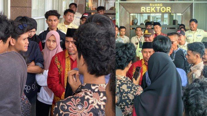 DEMO - Sejumlah mahasiswa melakukan aksi unjuk rasa di gedung rektorat UIN Mataram, Rabu (21/5/2025). Mahasiswa menuntut oknum dosen cabul dipecat.