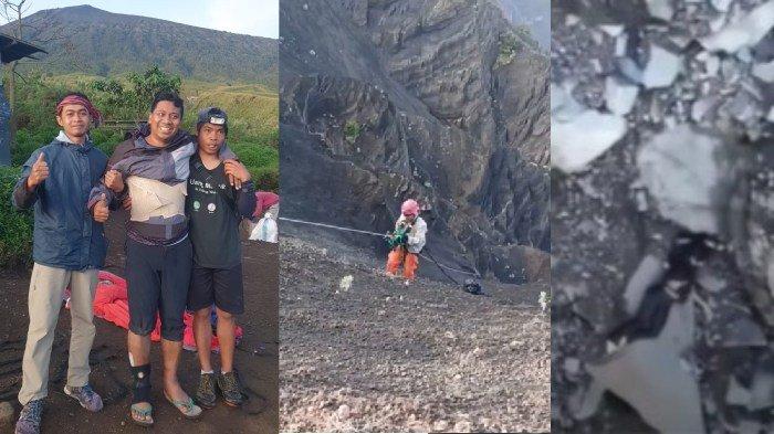KECELAKAAN RINJANI - Kolase foto insiden kecelakaan pendakian di Gunung Rinjani sepekan terakhir. Dari kiri ke kanan; pendaki Malaysia Nazli Bin Awang Mahat (47) yang tergelincir di jalur menuju Danau Segara Anak, tim SAR gabungan saat mengevakuasi jasad pendaki Brasil, Juliana Marins yang jatuh Sabtu (21/6/2025).
