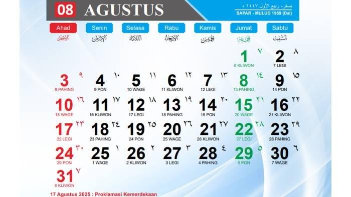 CUTI BERASAMA - Kalender bulan Agustus, Berdasarkan Surat Keputusan Bersama (SKB) Tiga Menteri tentang Libur Nasional dan Cuti Bersama 2025, hanya ada satu hari libur nasional pada bulan Agustus 2025 yaitu Minggu, 17 Agustus 2025: Hari Proklamasi Kemerdekaan.