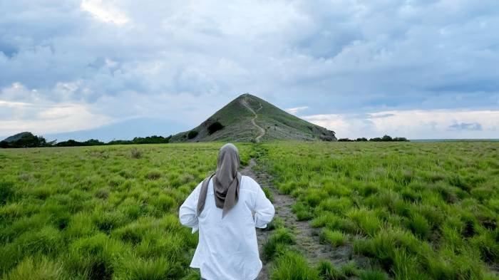 Seorang pengunjung melihat hamparan savana dengan bukit Pulau Kenawa, Sumbawa, yang menjadi salah satu spot utama di destinasi ini.