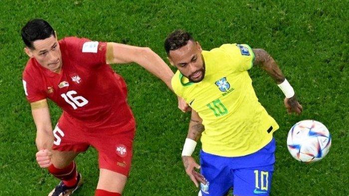 Penyerang Brasil, Neymar saat bertandingan menghadapi Serbia pada Jumat (25/11/2022) dini hari WIB. Neymar kembali berlaga. Ia masuk dalam starting XI Brasil vs Korea Selatan pada babak 16 besar Piala Dunia 2022, Selasa (6/12/2022) dini hari WIB.