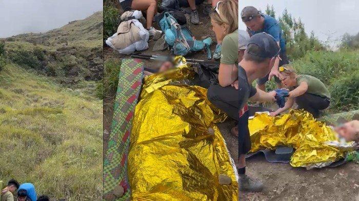 KECELAKAAN - Kolase tangkapan layar saat pendaki asal Swiss mendapat pertolongan usai mengalami kecelakaan di jalur pendakian menuju Danau Segara Anak, dari pintu pendakian Sembalun, Rabu (16/7/2025).