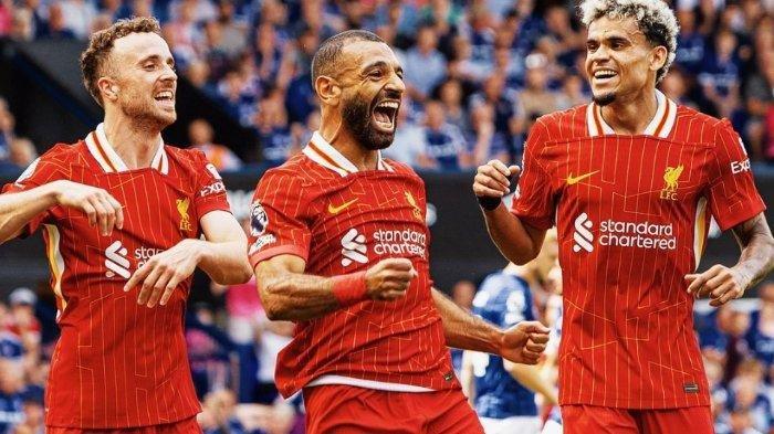 Selebrasi Mohamed Salah (Liverpool) saat merayak golnya ke gawang Ipswich Town di Liga Inggris 2024/2025 pada Sabtu (17/8/2024) malam WIB. Liverpool berhasil menang atas Ipwich Town dengan skor 2-0 di Liga Inggris 2024/2025, Mohamed Salah cetak rekor mentereng.
