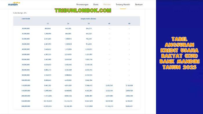 KUR MANDIRI 2025 - Tampilan tabel angsuran Kredit Usaha Rakyat (KUR) Bank Mandiri seusai website resmi bankmandiri.co.id, diakses pada hari Senin 3 Februari 2025.