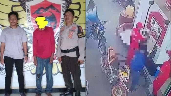 (Kiri) Pelaku saat diamankan dan (Kanan) Viral video pelaku yang membacok pegawai SPBU di Bima.