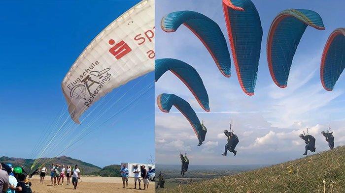 Potret aksi paralayang mengudara di Sky Lancing, Lombok Tengah.