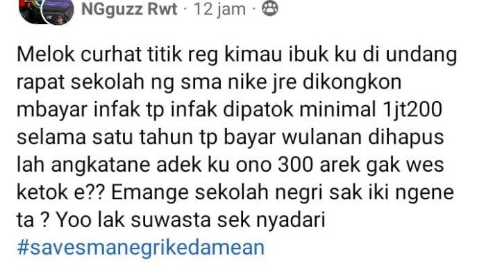 Curhatan di media sosial Facebook soal infaq sebesar Rp1,2 juta di salah satu SMAN di Gresik