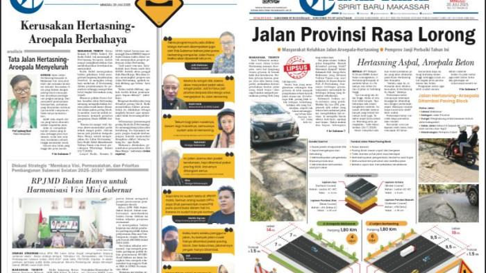 LIPSUS -  layar halaman utama Tribun Timur edisi cetak, Minggu (20/7/2025). Edisi ini menyoroti isu utama seputar kondisi Jalan Hertasning-Aroepala yang rusak parah dan dijuluki warga sebagai jalan provinsi rasa lorong.