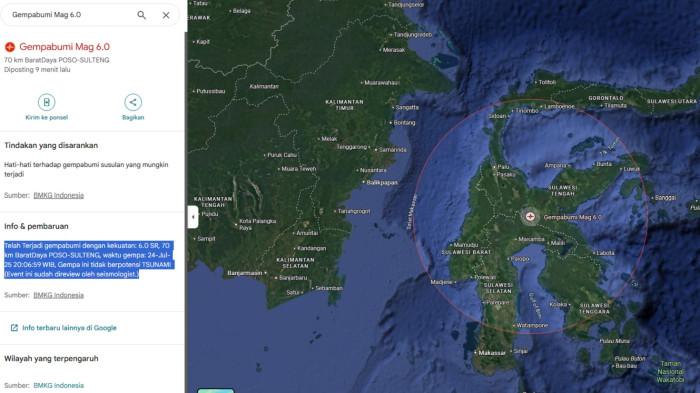GEMPA POSO - Informasi gempa Poso, Sulteng yang terjadi pada, Kamis (24/7/2025) malam.