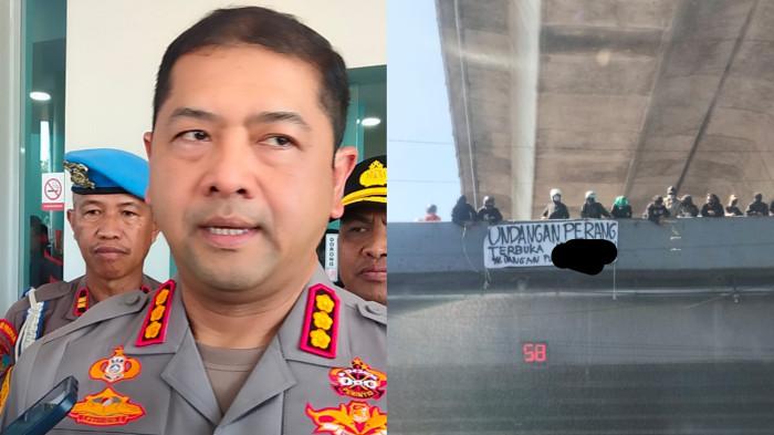 SPANDUK PROVOKATIF - Kolase foto Kapolrestabes Makassar Kombes Pol Arya Perdana dan spanduk ajakan perang terbuka di Fly Over Jl AP Pettarani-Urip Sumoharjo, Makassar, Kamis (24/7/2025).