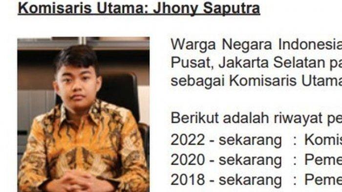 JHONY SAPUTRA - Jhony Saputra anak Haji Isam jadi Komisaris Utama di perusahaan sawit PT Jhonlin Agro Raya Tbk, usianya baru 21 tahun.