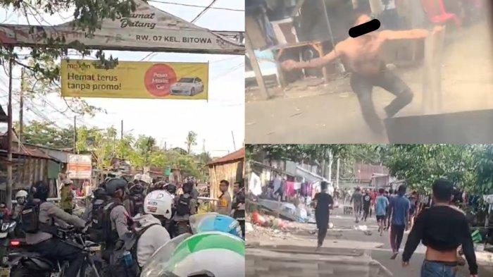 BENTROKAN WARGA - Kolase tangkapan layar bentrok dua kelompok warga di Kampung Pattunuang, Kelurahan Biota, Kecamatan Manggala, Kota Makassar, Senin (21/4/2025). Dalam rekaman video yang beredar, dua kelompok warga terlibat saling dengan lemparan batu.