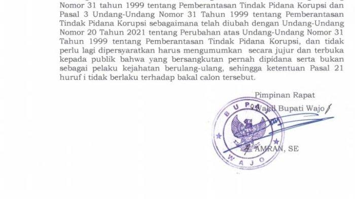 Berita Acara penetapan Calon Kepala Desa Temmabarang tanggal 29 September 2023 yang ditandatangani Wakil Bupati Wajo Amran.