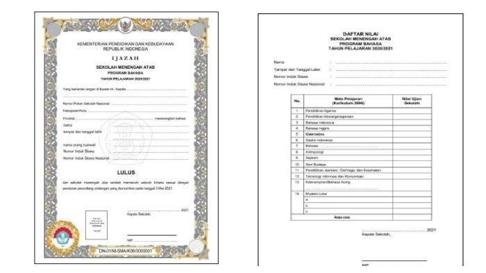 Contoh Bentuk Blangko Ijazah SMA. (Tangkap layar Peraturan Sekretaris Jenderal Kemendikbud Nomor 23 Tahun 2020/2021)