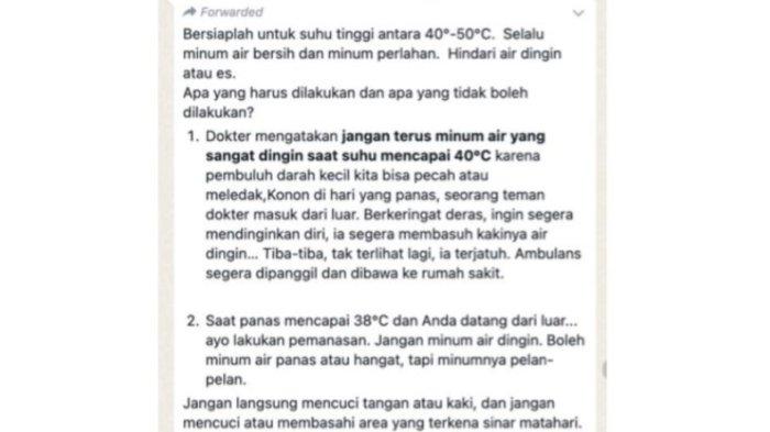 Capture pesan berantai beredar di WhatsApp menarasikan imbauan kepada masyarakat untuk bersiap karena Indonesia akan mengalami gelombang panas hingga suhu mencapai 50 derajat Celsius.