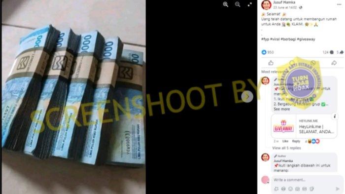 Capture unggahan di Facebook mengenai giveaway uang jutaan rupiah yang dibagikan oleh akun yang mengatasnamakan seorang pengusaha ternama, Jusuf Hamka. Kesimpulan: tidak benar bahwa akun Facebook tersebut milik Jusuf Hamka karena melalui Instagram resminya ia telah membuat klarifikasi jika dirinya tidak pernah membuat giveaway apapun di sosial media.