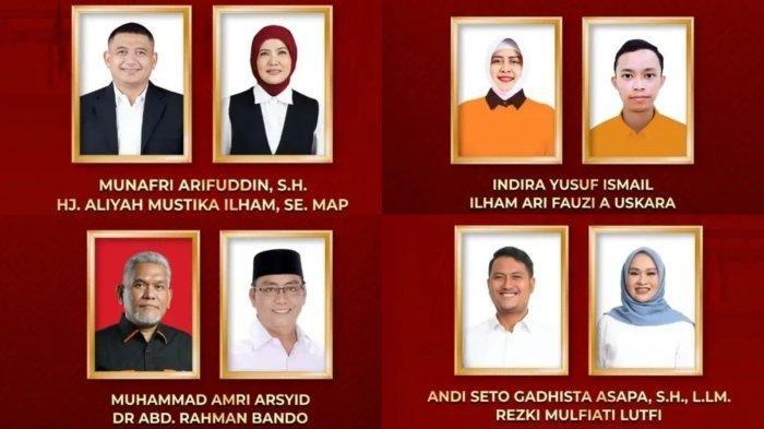 Kolase 4 Calon Wali Kota dan Wakil Wali Kota Makassar. Munafri Arifuddin - Aliyah Mustika Ilham, Andi Seto Asapa - Rezki Mulfiati, Indira Yusuf Ismail - Ilham Ari Fauzi, dan Amri Arsyid - Abdul Rahman Bando.