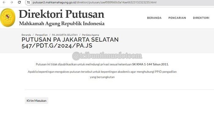 Isi pemberitahuan tentang Direktori Mahkamah Agung berisi putusan perceraian Ria Ricis dengan Teuku Ryan tidak dipublikasikan.