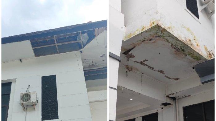 Gedung Kantor DPRD Enrekang terlihat tidak terawat. Plafon bocor, ranting berserakan, dan kotoran burung memenuhi lantai.