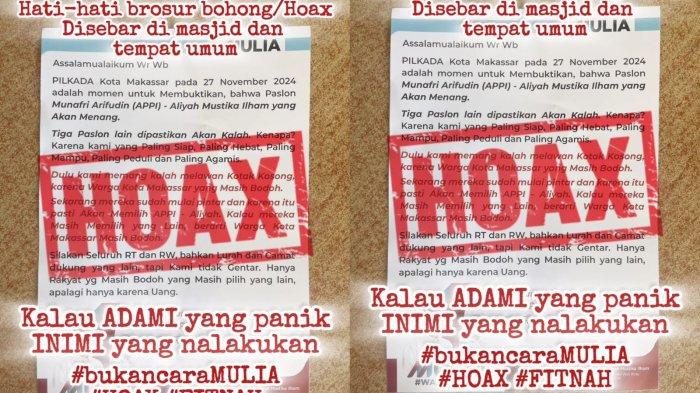 Beredar flyer yang mengklaim tim Munafri Arifuddin-Aliyah Mustika Ilham (MULIA). Serangan hoaks menjelang Pilwali Makassar 2024 semakin marak. Tim MULIA anggap ini sebagai strategi panik dari lawan setelah hasil survei menunjukkan keunggulan mereka.
