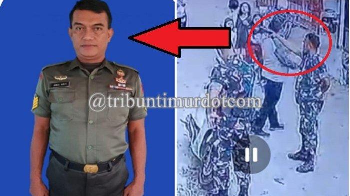 Kolase: Sosok Serma Andi Arifuddin Sulaiman (Istimewa) dan capture rekaman CCTV aksi oknum TNI ancam warga Antang Makassar, Sulsel, dengan senjata api. (WhatsApp)