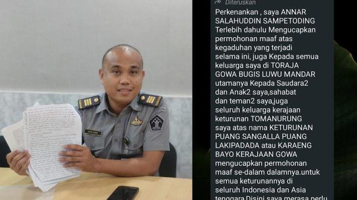 PESAN ANNAR - Kolase Kepala Kesatuan Pengamanan Rutan Kelas I Makassar, Andi Erdiyangsah Bahar saat menunjukkan tulisan tangan Annar Salahuddin Sampetoding tersangka uang palsu dan tangkapan layar pesan berantai yang beredar di grup WhatsApp Bjorkalizem1498.