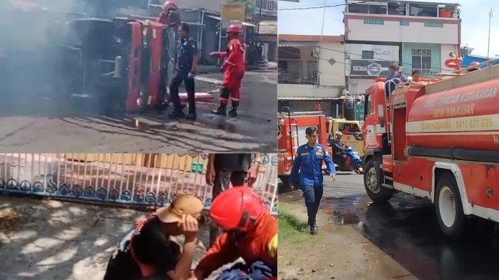 Kloase foto-foto armada damkar Makassar terguling di Jl Pongtiku, Makassar, Selasa (11/7/2022) siang 