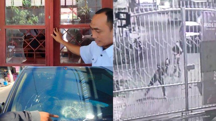 Kolase foto rekaman CCTV pelaku penyerangan di SMA 2 dan mobil yang dirusak OTK depan sekolah serta kondisi SMA 8 rusak dilempari, Rabu (14/8/2024) siang.