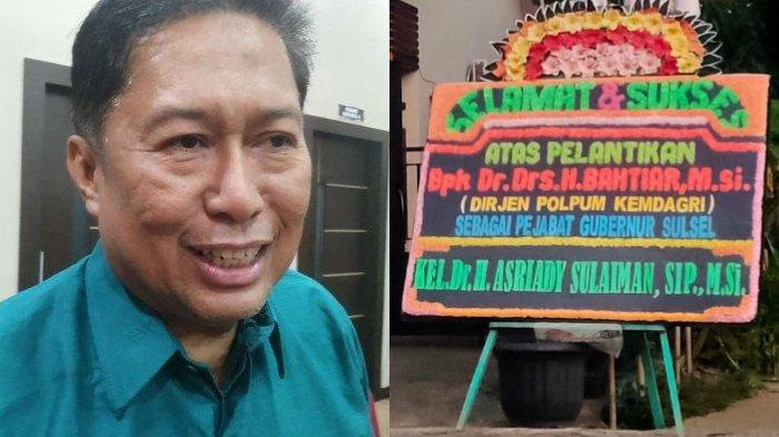 Kolase Asriady Sulaiman dan potret karangan bunga Asriady Sulaiman ke halaman kediaman pribadi keluarga Pj Gubernur Sulsel Bahtiar Baharuddin di Kabupaten Bone.