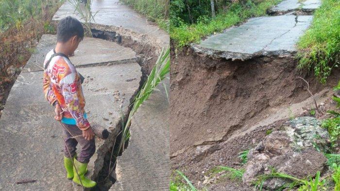 Kolase penampakan jalan beton di Desa Lembang, Kecamatan Enrekang, Kabupaten Enrekang, ambruk gegara tanah longsor, Senin (22/4/2024) malam.