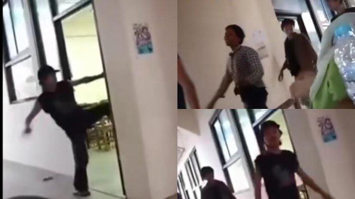 Kolase tangkapan layar video viral mahasiswa tendang pintu ruangan di Unismuh Makassar. Dari empat pelaku satu orang terluka hingga beberapa urat kaki putus. 