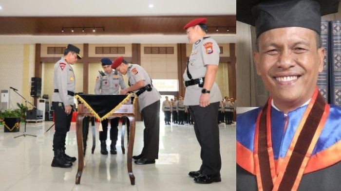 Kombes Pol Helmi Kwarta Kusuma Putra Rauf saat serah terima jabatan di Mapolda Sulsel. Kombes Pol Helmi dimutasi ke Polri.