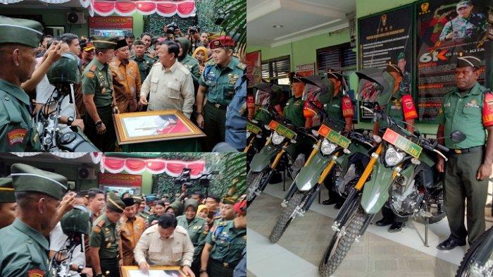 Menteri Pertahanan (Menhan) Prabowo Subianto membagikan 1.415 unit motor secara simbolik di markas Koramil 1408-06 Mamajang, Kota Makassar, Kamis (13/7/2023) sore.