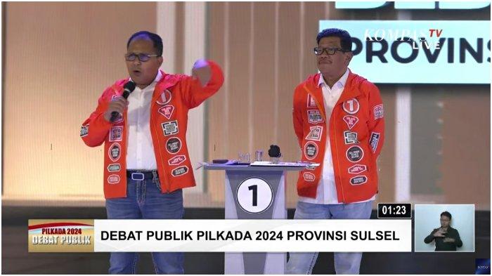 Penampilan pasangan calon Gubernur dan Wakil Gubernur Sulsel nomor urut 1, Mohammad Ramdhan Pomanto atau Danny Pomanto dan Azhar Arsyad dalam debat perdana yang berlangsung di Hotel Four Points by Sheraton, Jl Andi Djemma, Makassar, Sulsel, Senin (28/10/2024) malam ini.