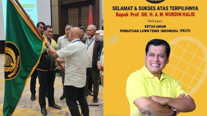 Nurdin Halid menerima bendera petaka seusai terpilih aklamasi Ketua Umum PP Pelti dalam Munaslub di Hotel Sultan Jakarta Sabtu (22/6/2024).