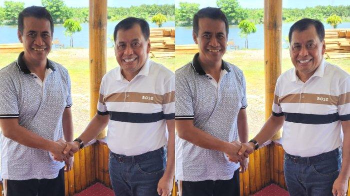 Wakil Ketua Umum DPP Golkar AM Nurdin Halid berbincang dengan Menteri Pertanian Andi Amran Sulaiman di Kota Makassar Minggu (31/4/2024) pagi.