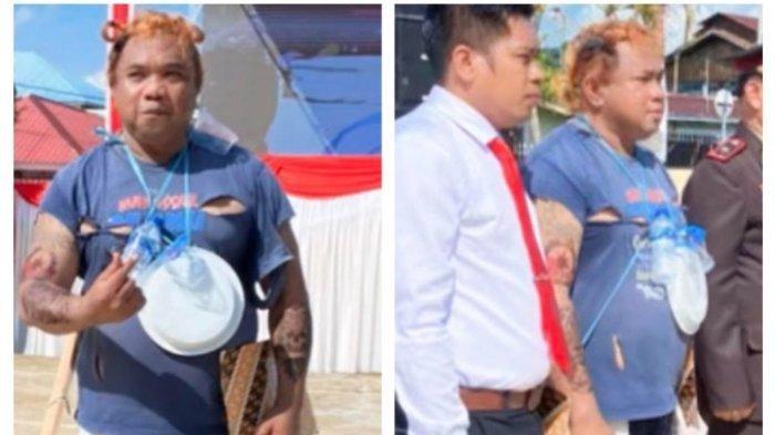 ODGJ TERIMA PENGHARGAAN - Penampilan Ipda Sukandi bak orang dalam gangguan jiwa (ODGJ) saat menerima penghargaan Cover Job Terbaik Pama Kontra Intelijen Tahun 2025 di upacara HUT Bhayangkara ke-79 Polres Sinjai, Selasa (1/7/2025). Penyamaran ini merupakan bagian dari tugas intelijen yang dijalaninya