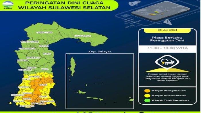 Prakiraan cuaca BMKG Wilayah IV Makassar, Rabu (3/7/2024).