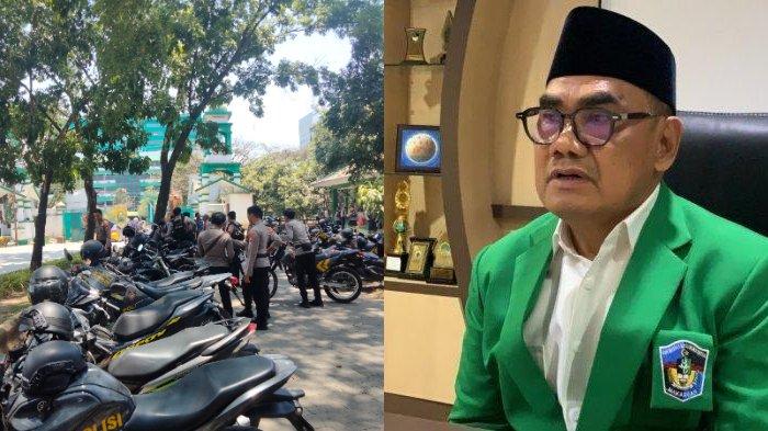 Kolase Prof Basri Modding yang dicopot dari jabatan Rektor UMI periode 2022 - 2026 dan sejumlah polisi berjaga-jaga di UMI.