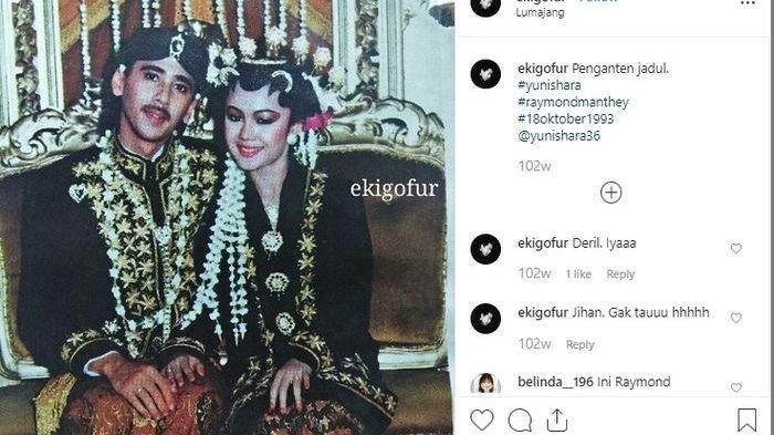 Capture postingan Instagram @ekigofur memperlihatkan potret pernikahan Raymond Manthey dan Yuni Shara.