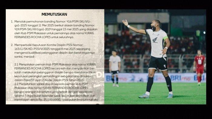 SANKSI YURAN - Kolase surat keputusan Komite Banding PSSI dan kapten PSM Makassar, Yuran Fernandes. Yuran mendapat pengurangan hukuman dari 12 bulan jadi 3 bulan.